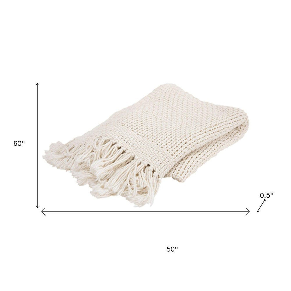 50" X 60" White Cotton Knitted Throw Blanket with Fringe