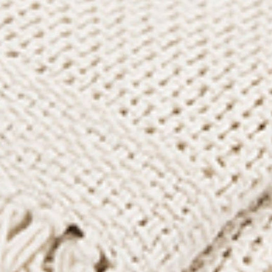 50" X 60" White Cotton Knitted Throw Blanket with Fringe