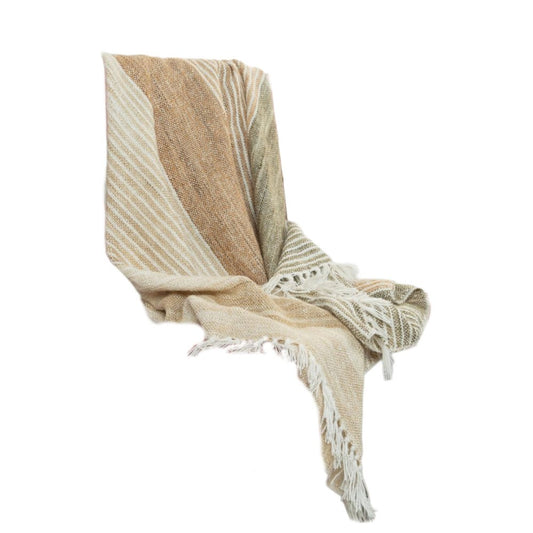 50" X 60" Beige Brown And Ivory Recycled Poly PET Striped Throw Blanket with Tassels