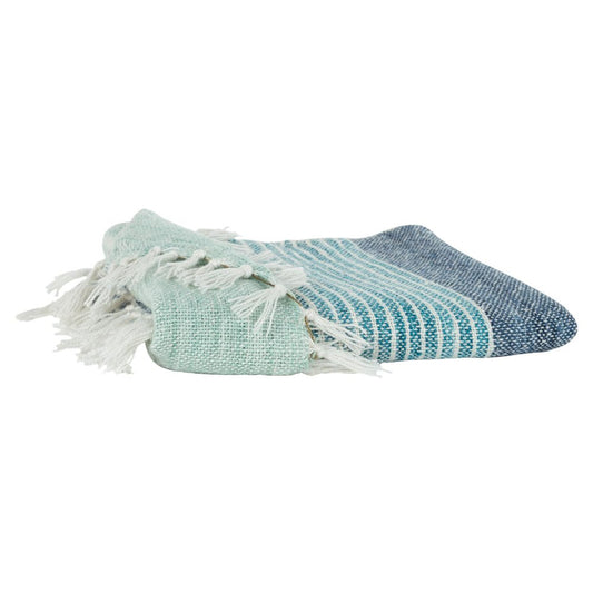 50" X 60" Aqua Blue Teal And Ivory Recycled PET Woven Stripe Throw Blanket with Tassels