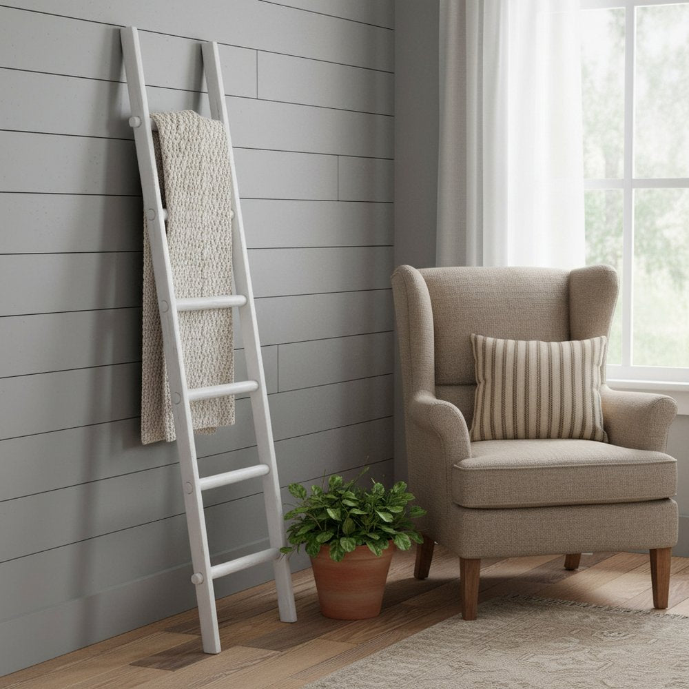 76" White Six Step Solid Wood Decorative Ladder