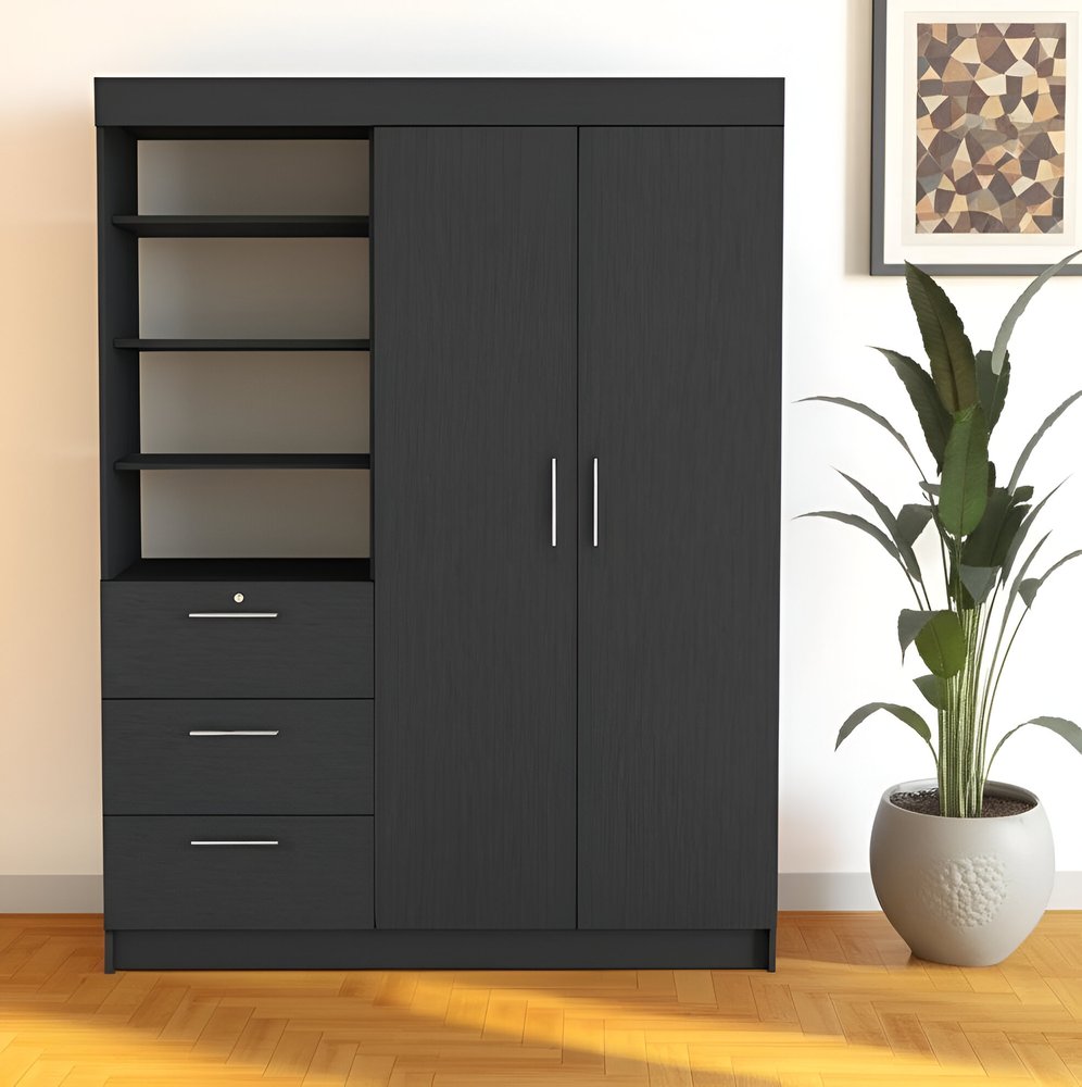 79" Black Wood Two Door Three Drawer Combo Dresser