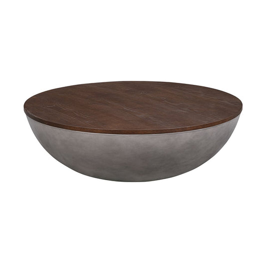 48" Brown And Gray Solid Wood And Concrete Round Coffee Table