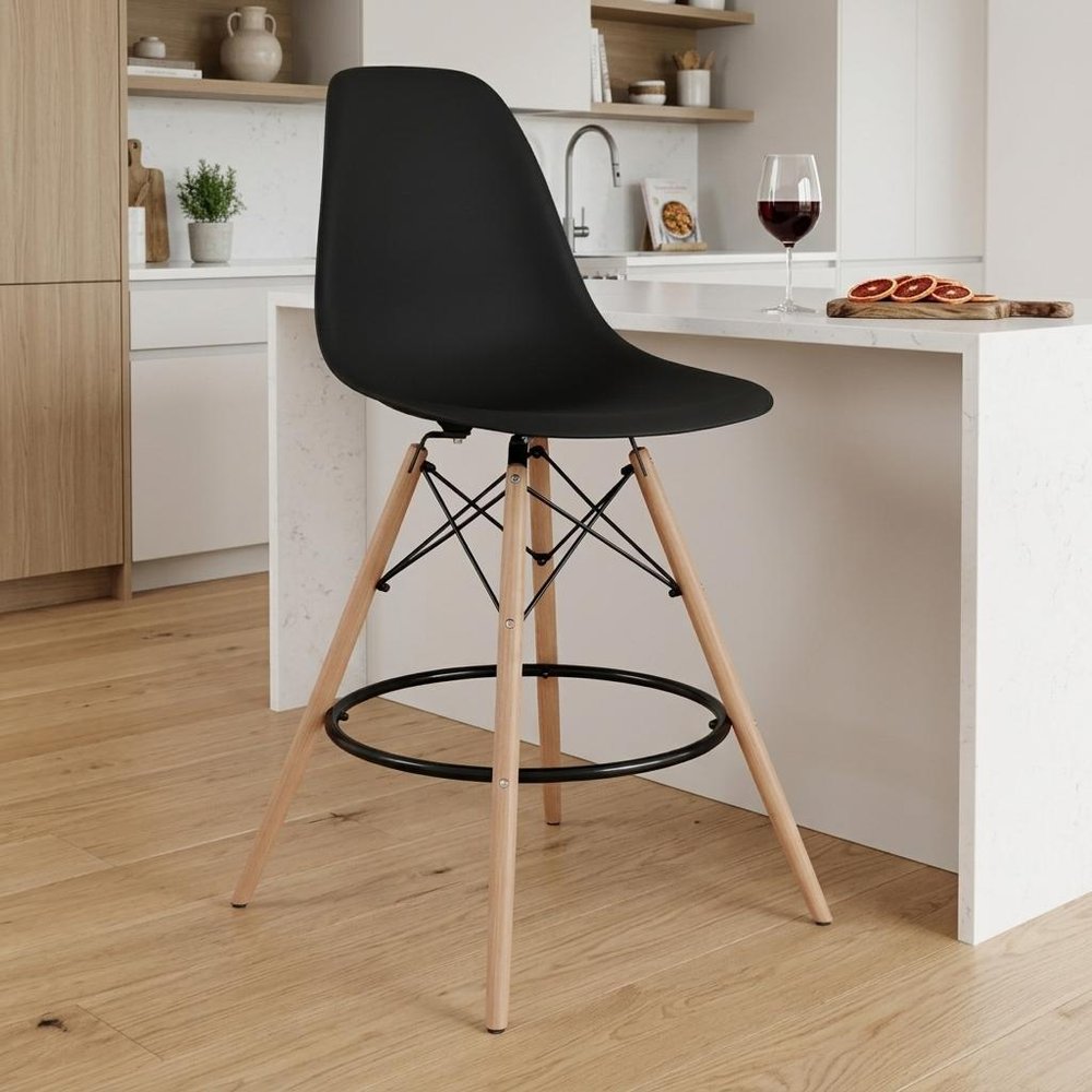 28" Black And Brown Heavy Duty Plastic And Solid Wood Counter Height Bar Chair