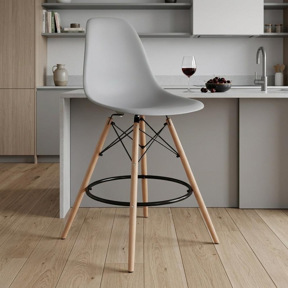 28" Gray And Brown Heavy Duty Plastic And Solid Wood Counter Height Bar Chair