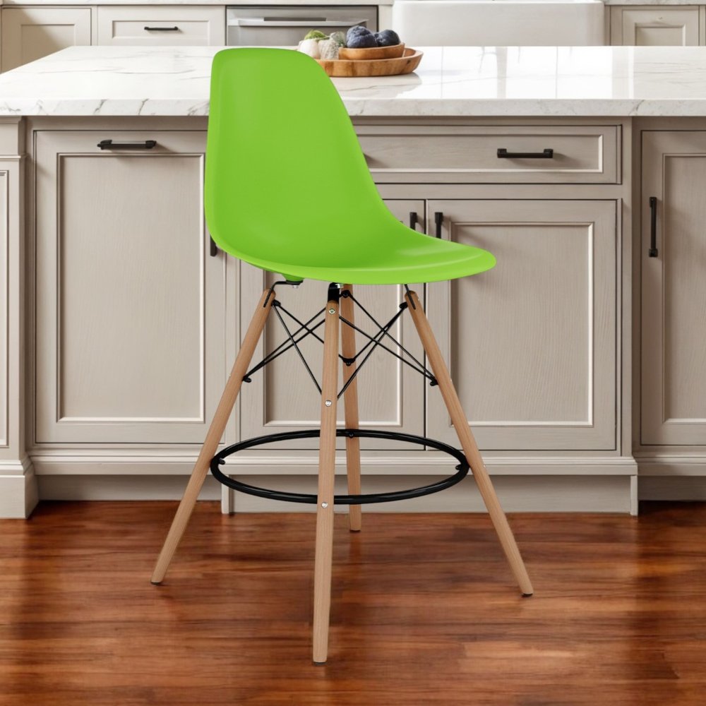 28" Green And Brown Heavy Duty Plastic And Solid Wood Counter Height Bar Chair