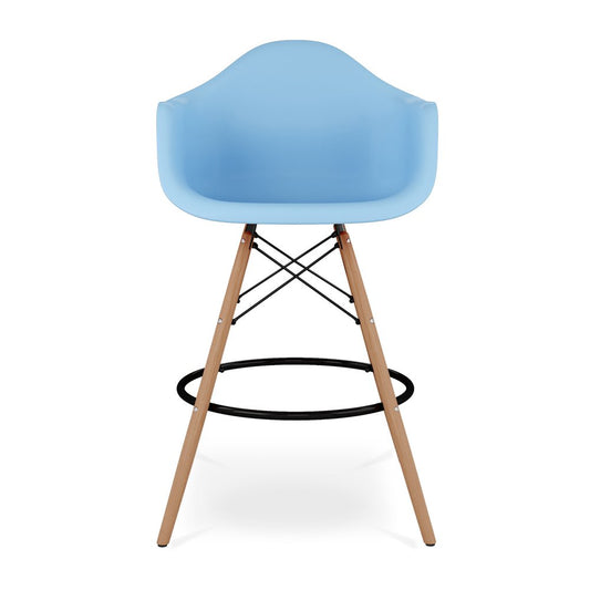 28" Light Blue And Brown Heavy Duty Plastic And Solid Wood Low Back Counter Height Bar Chair