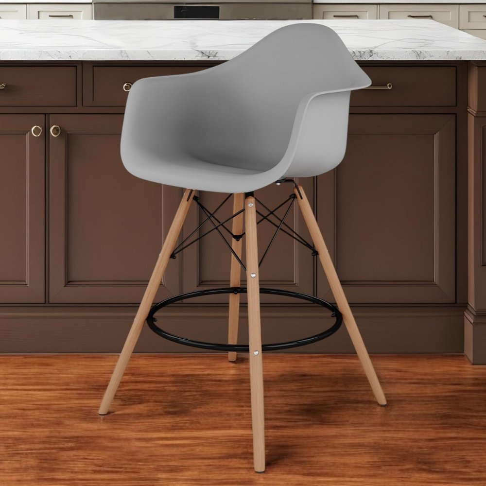 28" Gray And Brown Heavy Duty Plastic And Solid Wood Low Back Counter Height Bar Chair