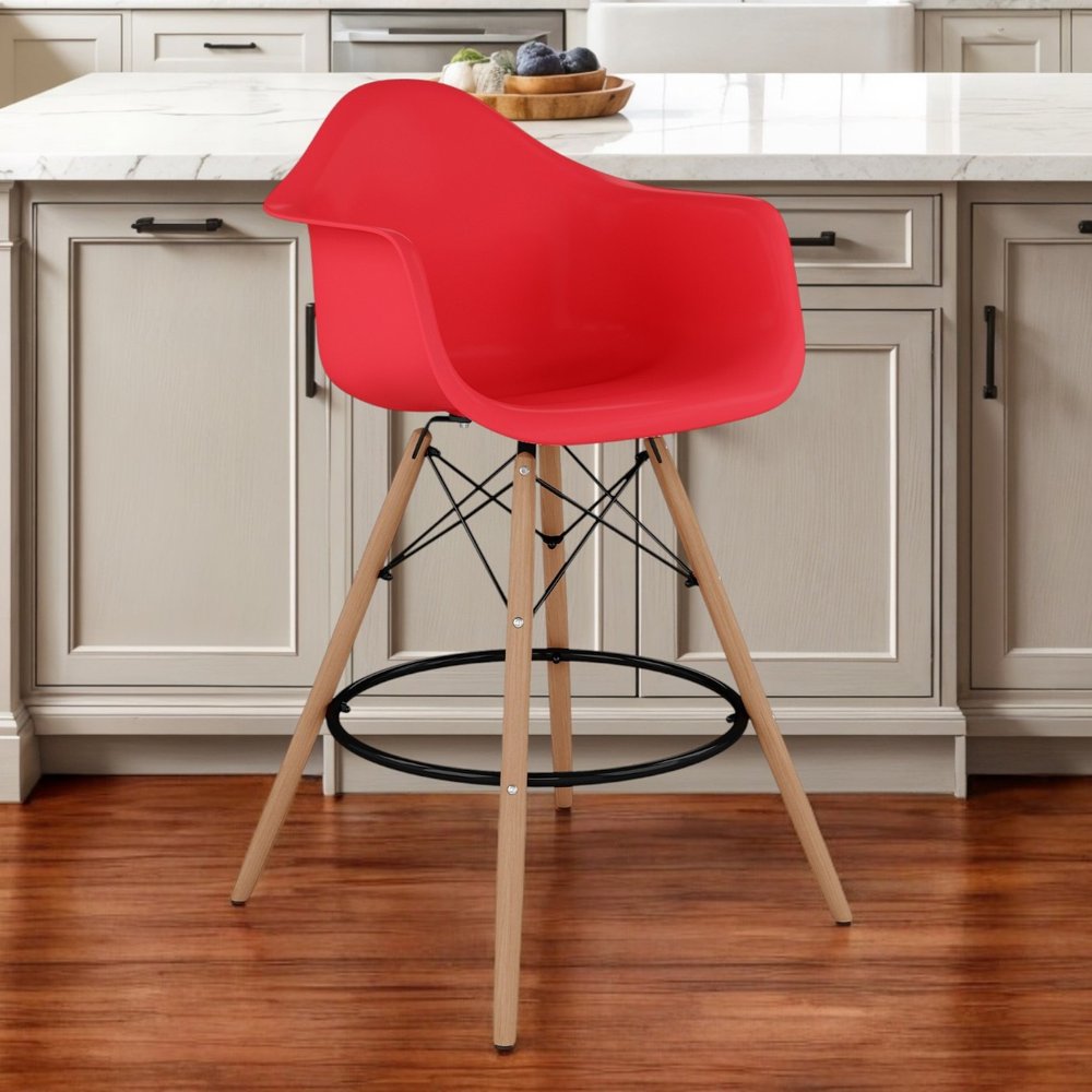 28" Red And Brown Heavy Duty Plastic And Solid Wood Low Back Counter Height Bar Chair