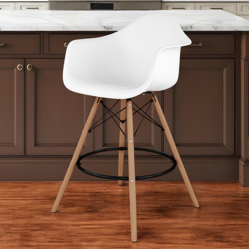 28" White And Brown Heavy Duty Plastic And Solid Wood Low Back Counter Height Bar Chair
