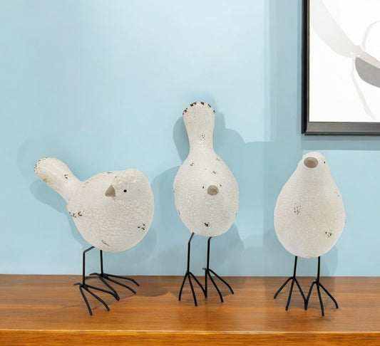 Set of Three Black and White Fabric Bird Statue Tabletop Sculpture