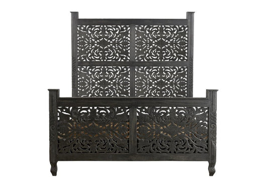 Black Carved Floral Distressed Solid Wood Queen Bed Frame