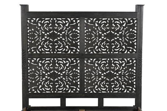 Black Carved Floral Distressed Solid Wood Queen Bed Frame