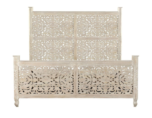 White Carved Floral Distressed Solid Wood King Bed Frame