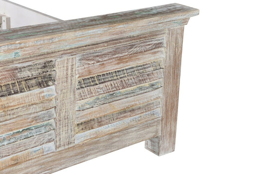 White Carved Geometric Distressed Reclaimed Wood Queen Bed Frame