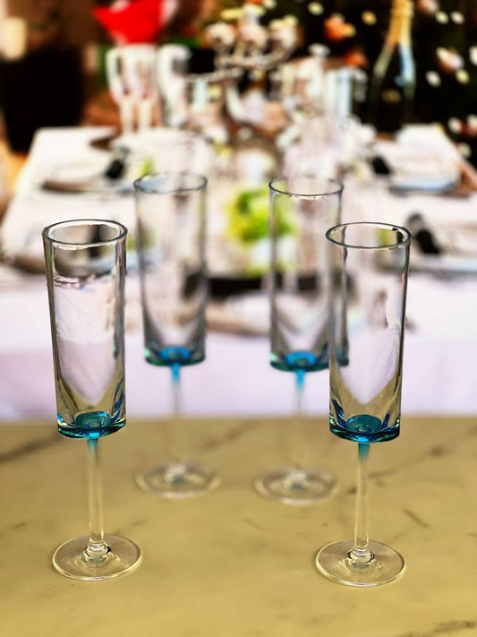 Set of Four Clear And Blue Acrylic Round Bowl Stemmed Flute
