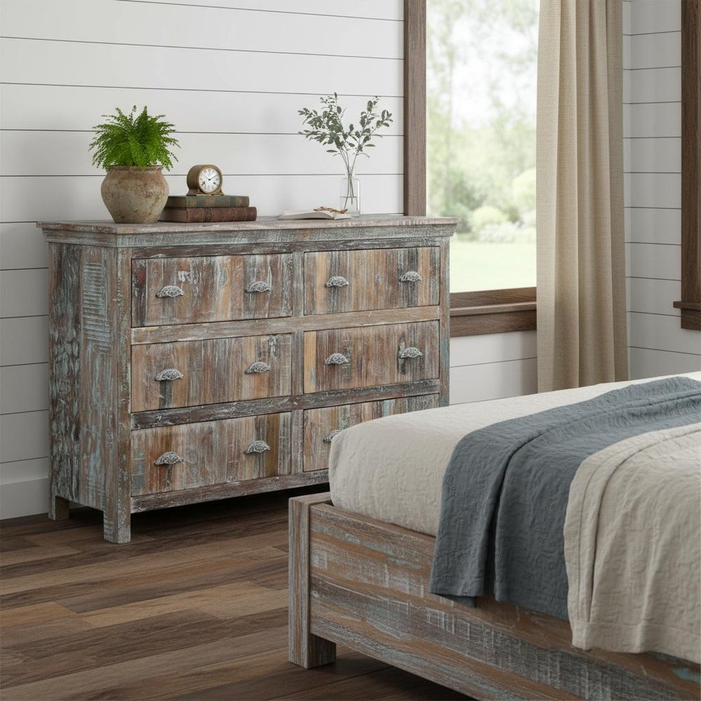 60" White Solid Wood Six Drawer Double Dresser