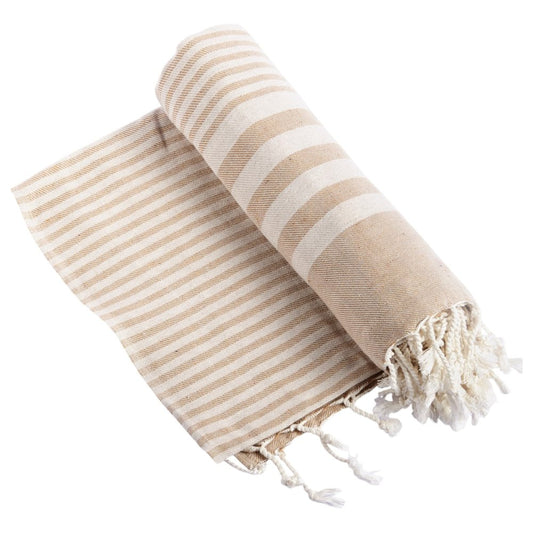 59" X 71" Beige and Ivory Cotton Striped Turkish Towel Throw Blanket with Tassels