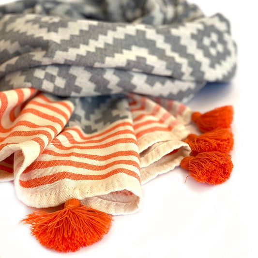 39" X 71" Gray and Orange Cotton Geometric Turkish Towel Throw Blanket with Tassels