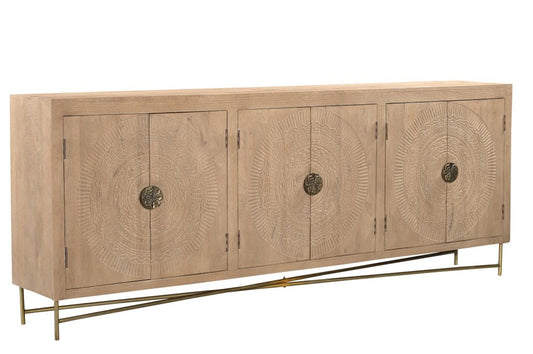 95" Natural And Antiqued Gold Solid Wood Carved Geometric Sideboard with Six Doors