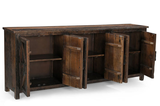 84" Dark Brown Distressed Reclaimed Wood Paneled Sideboard with Six Doors