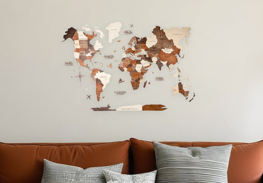 24" X 39" Brown and Beige Wood World Map Hanging Dimensional Sculpture