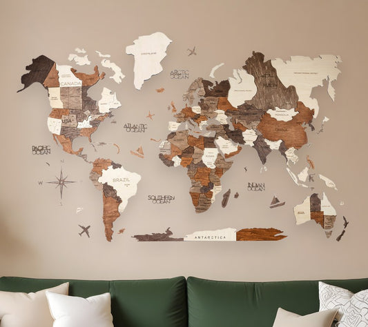 47" X 79" Brown and Beige Wood World Map Hanging Dimensional Sculpture