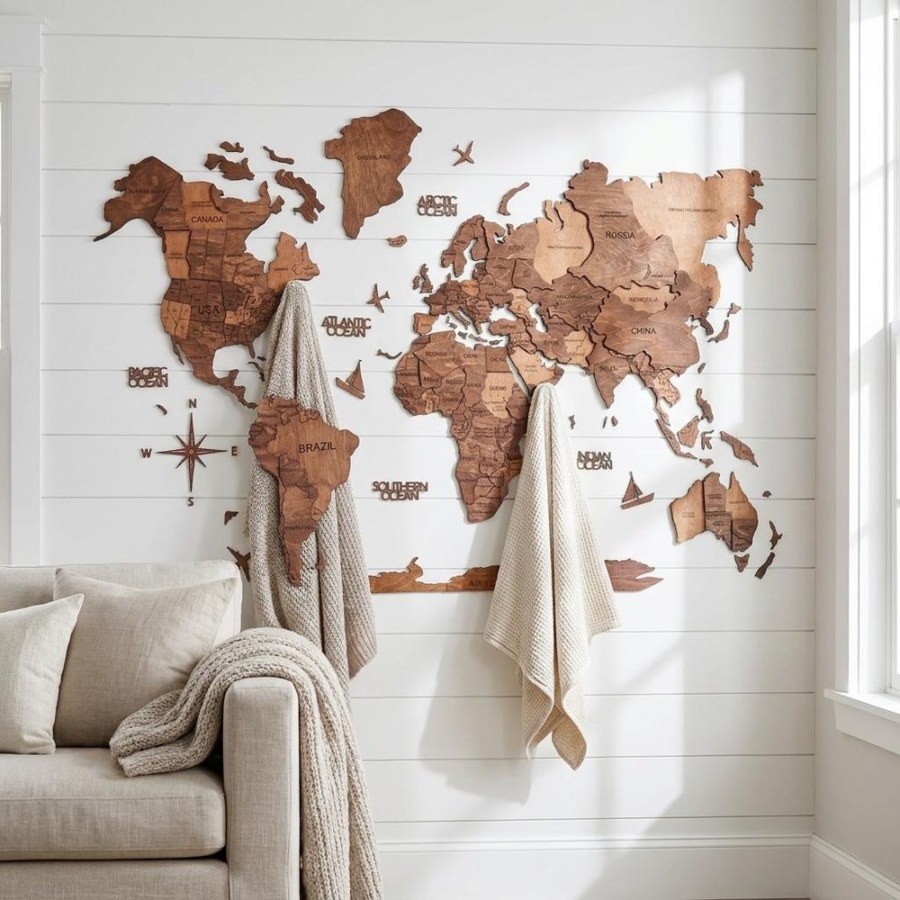 47" X 79" Brown and Tan Wood World Map Hanging Dimensional Sculpture