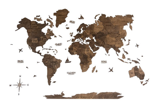 24" X 39" Brown Wood World Map Hanging Dimensional Sculpture