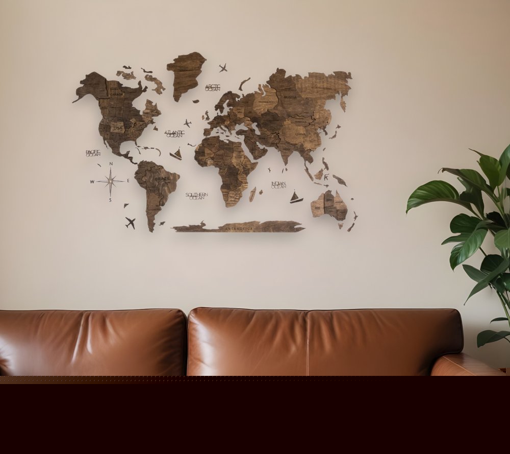 24" X 39" Brown Wood World Map Hanging Dimensional Sculpture
