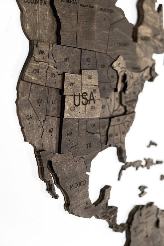 35" X 59" Dark Brown Wood World Map Hanging Dimensional Sculpture