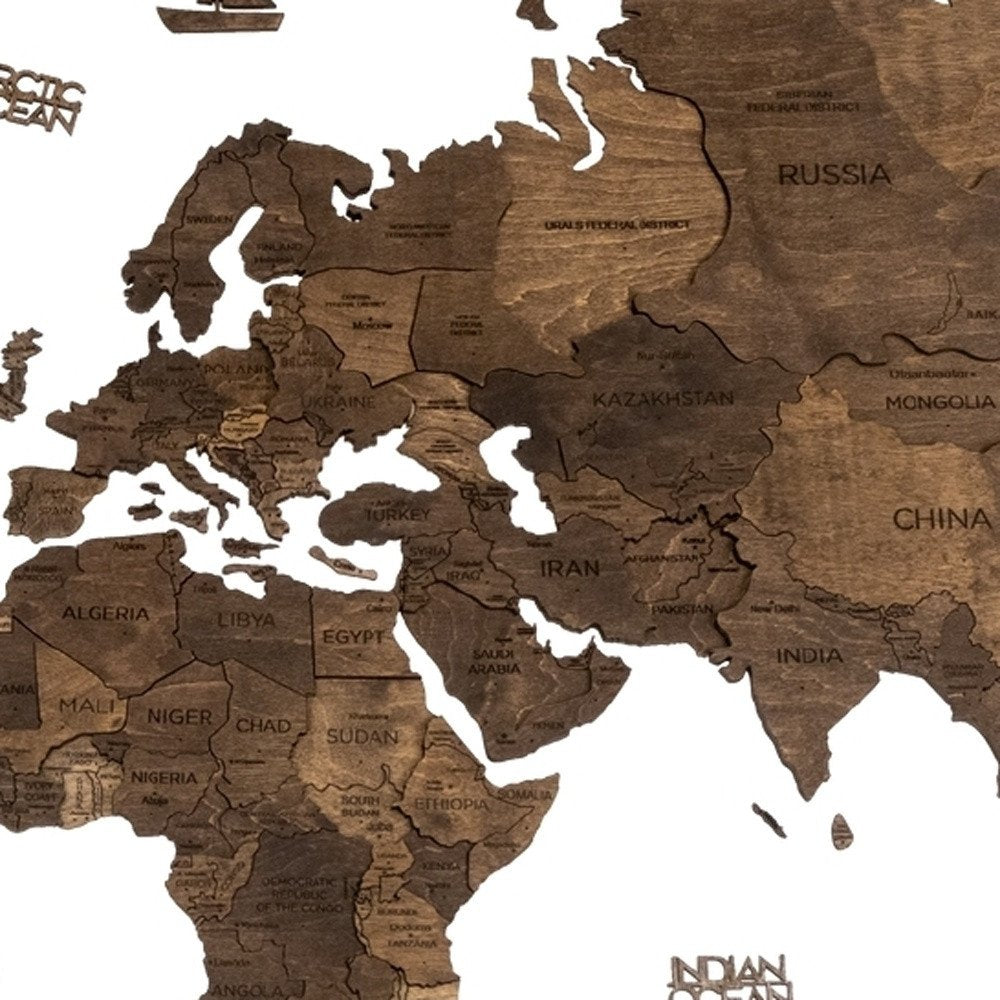 35" X 59" Dark Brown Wood World Map Hanging Dimensional Sculpture