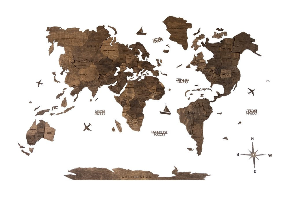47" X 79" Dark Brown Wood World Map Hanging Dimensional Sculpture