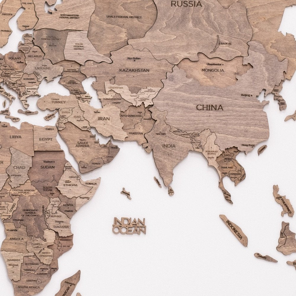 24" X 39" Wood Brown Wood World Map Hanging Dimensional Sculpture