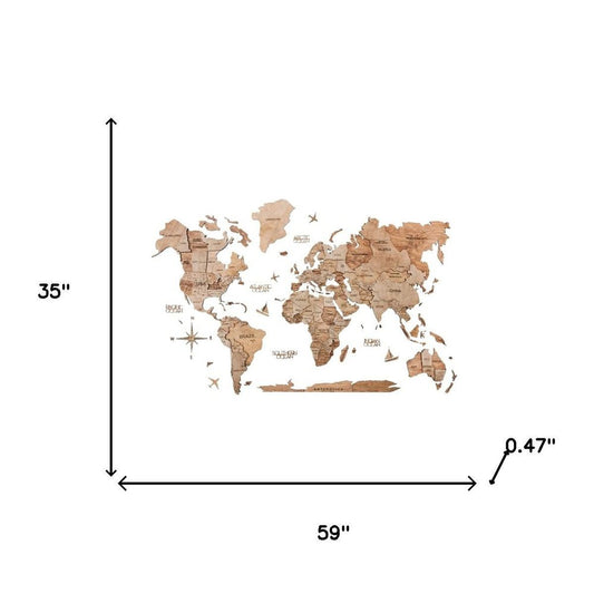 35" X 59" Wood Brown Wood World Map Hanging Dimensional Sculpture