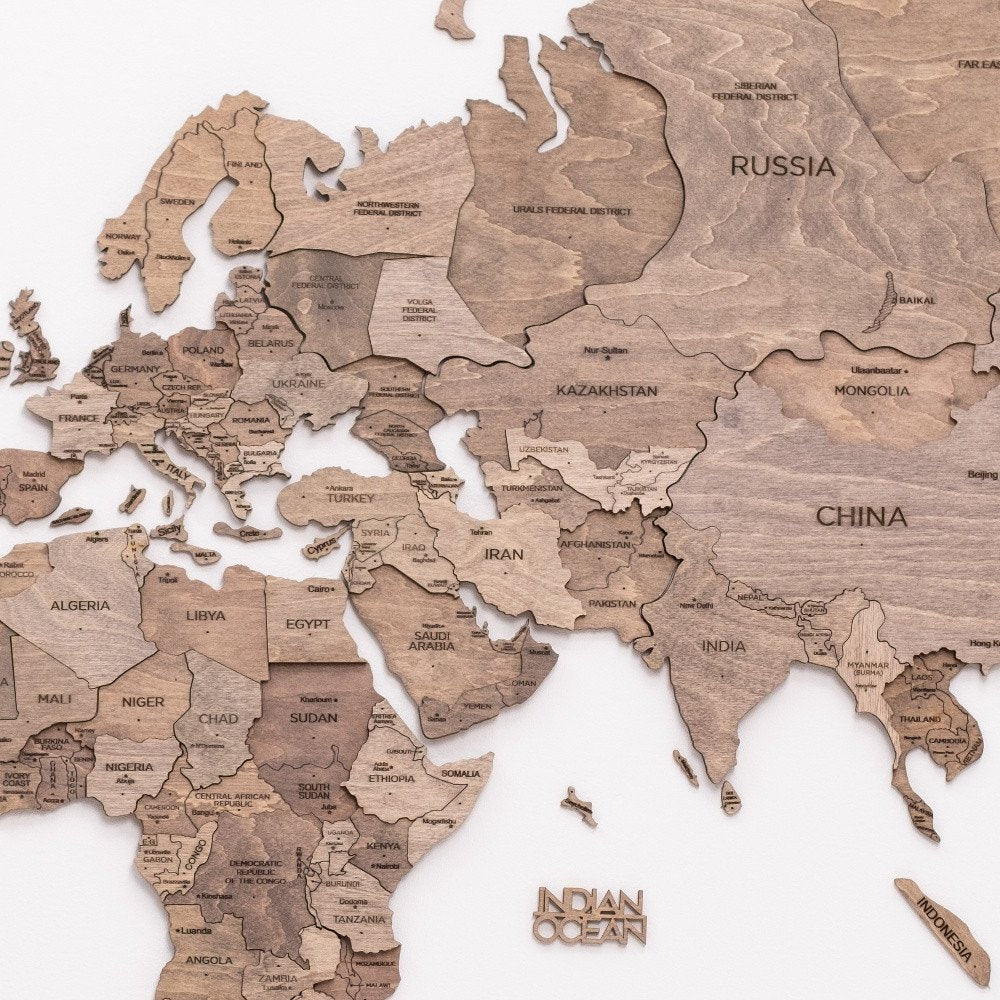 47" X 79" Wood Brown Wood World Map Hanging Dimensional Sculpture