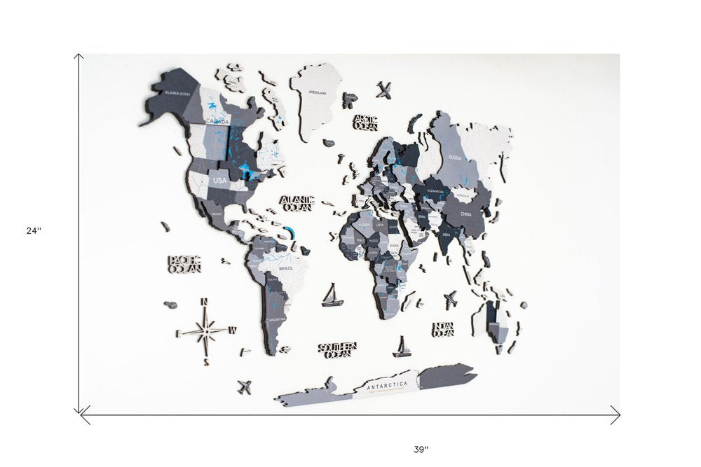 24" X 39" Black Gray and White Wood World Map Hanging Dimensional Sculpture