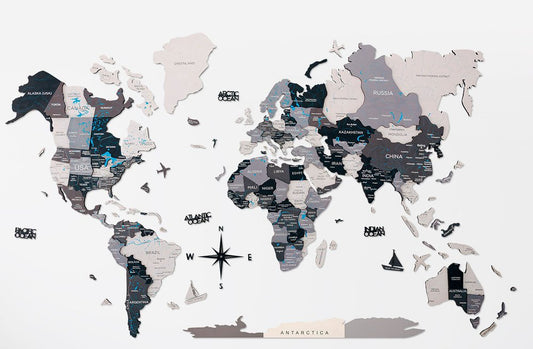 24" X 39" Black Gray and White Wood World Map Hanging Dimensional Sculpture