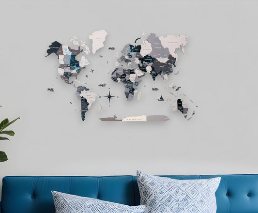24" X 39" Black Gray and White Wood World Map Hanging Dimensional Sculpture