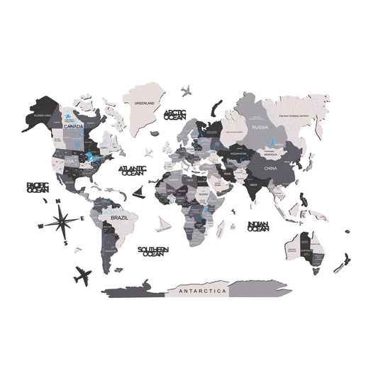 35" X 59" Black Gray and White Wood World Map Hanging Dimensional Sculpture