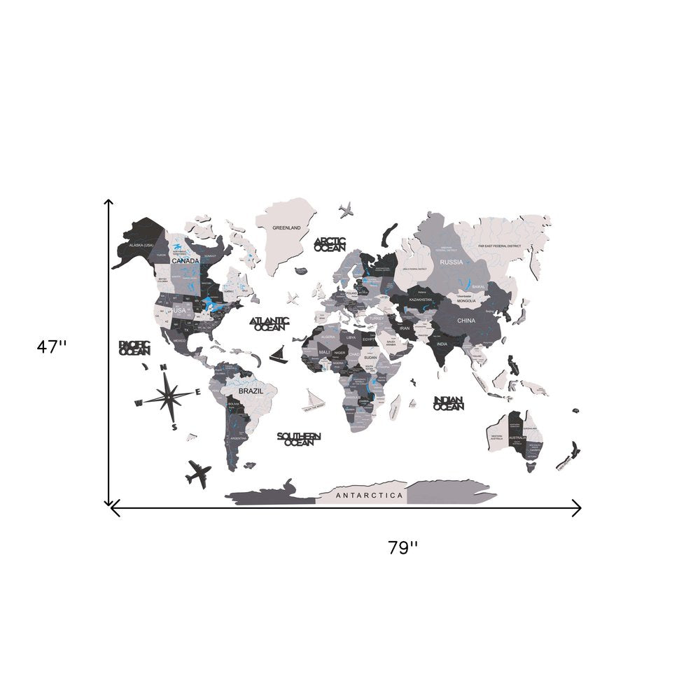 47" X 79" Black Gray and White Wood World Map Hanging Dimensional Sculpture