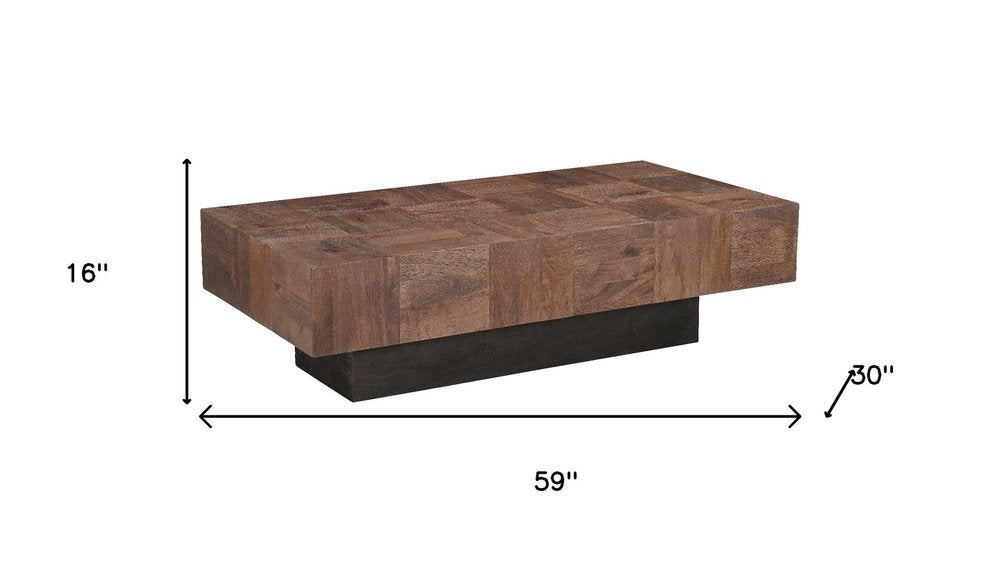 59" Dark Brown and Black Solid Wood Block Coffee Table