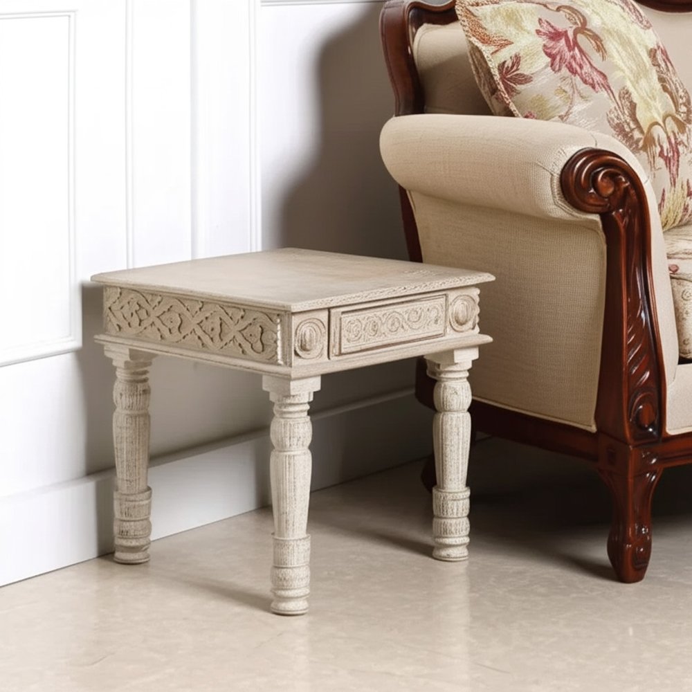 24" White Distressed Solid Wood Square End Table