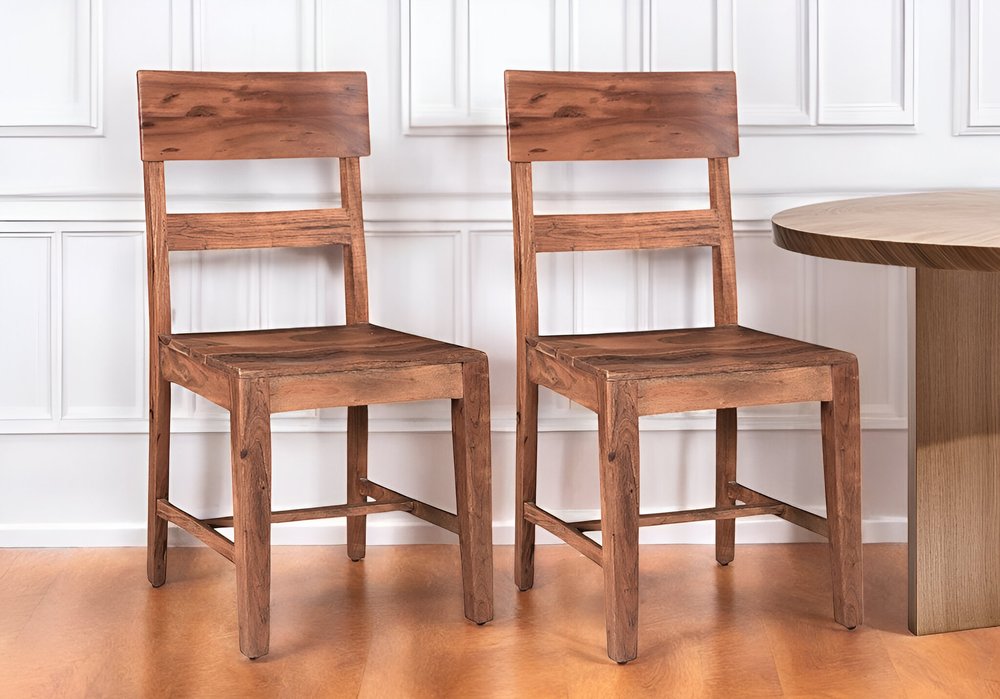 Set of Two Brown Wood Ladder Back Dining Side Chairs