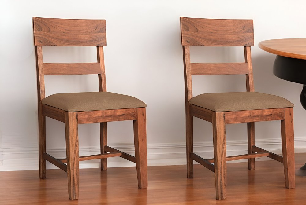 Set of Two Brown Upholstered Fabric Slat Back Dining Side Chairs