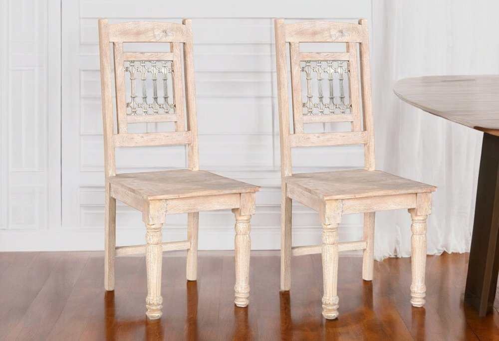 Set of Two White Wood Slat Back Dining Side Chairs