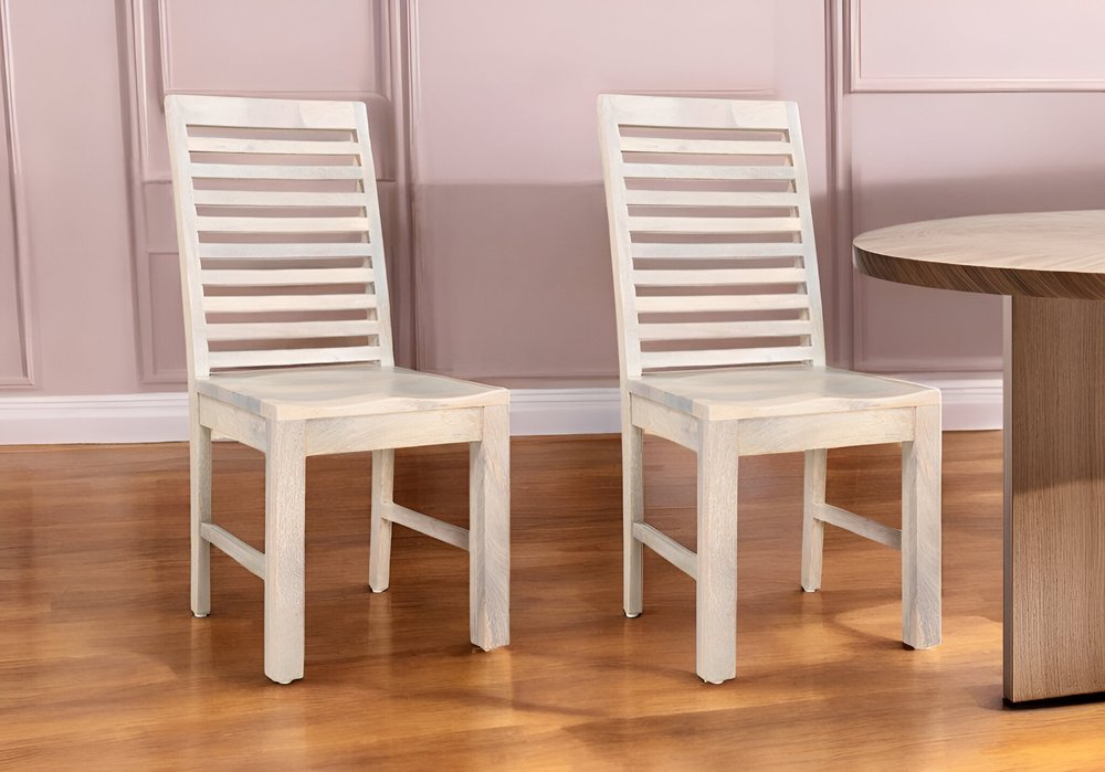 Set of Two White Wood Ladder Back Dining Side Chairs