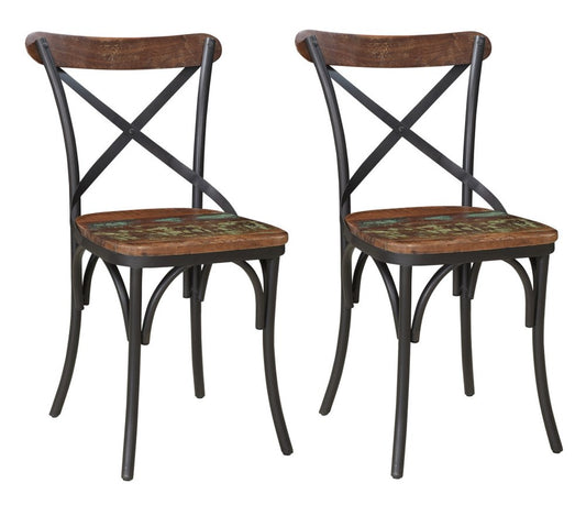Set of Two Brown And Black Metal And Wood Cross Back Dining Side Chairs