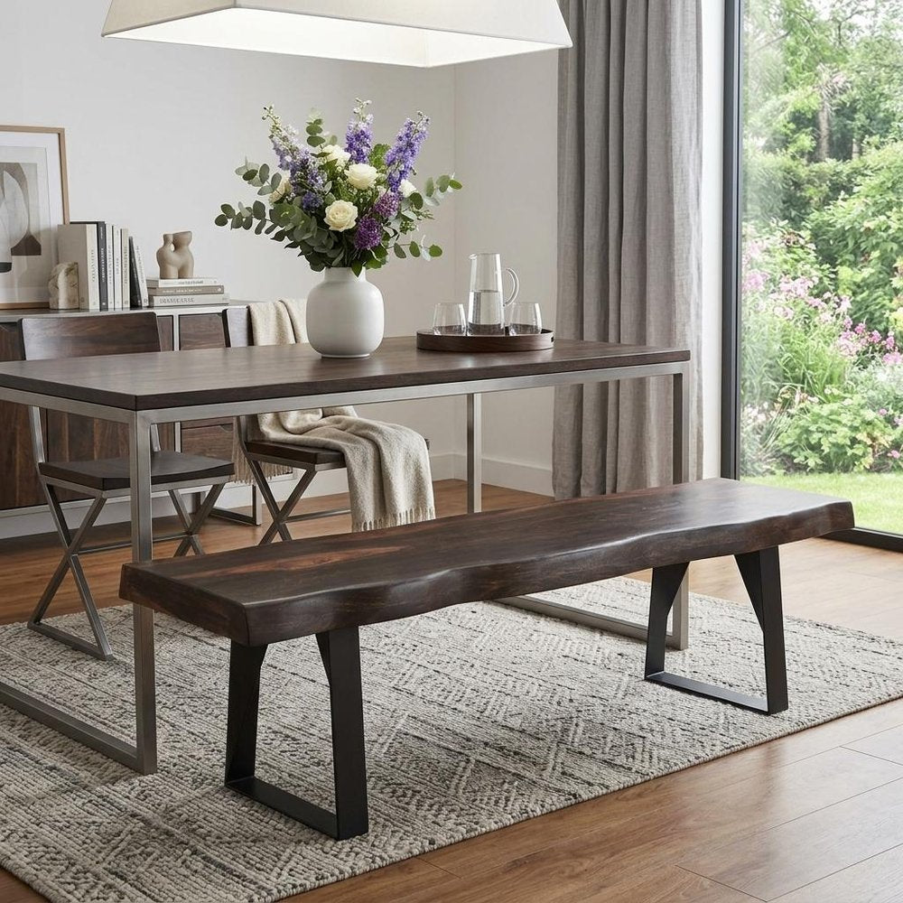 68" Dark Brown and Black Distressed Solid Wood Dining Bench