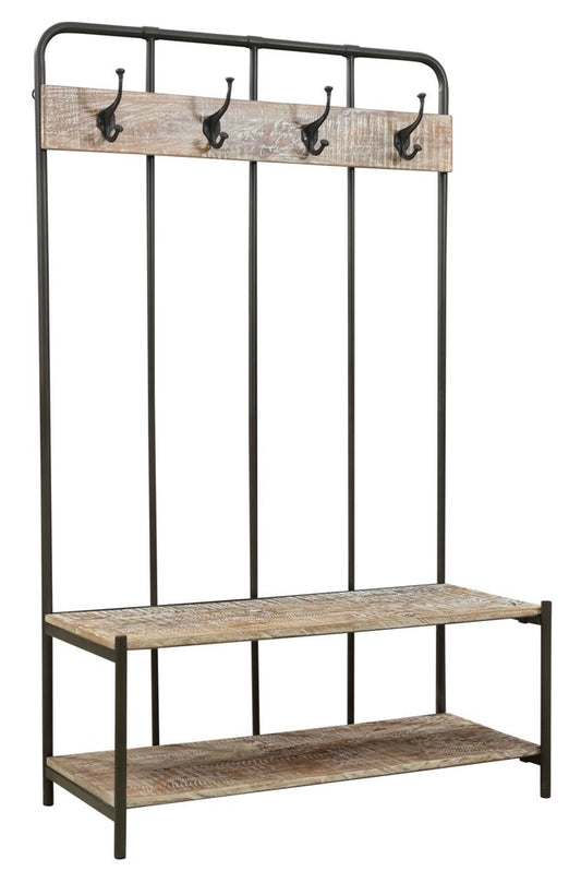 71" Black And Brown Metal And Solid Wood Four Hooks Freestanding Coat Rack